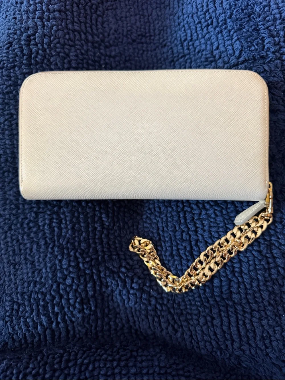 PRADA White Saffiano Leather Long Zippy Wallet w/Unbranded Gold Wristlet Chain